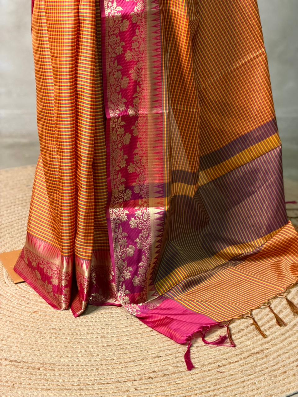 Mustard yellow and Magenta semi silk saree - PFAZ15A