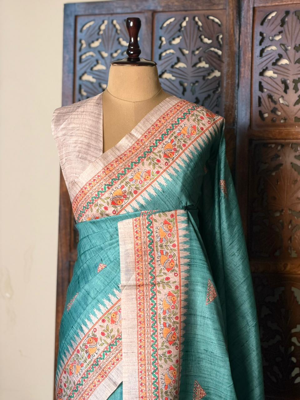 Aqua blue semi tusser saree- PBR31