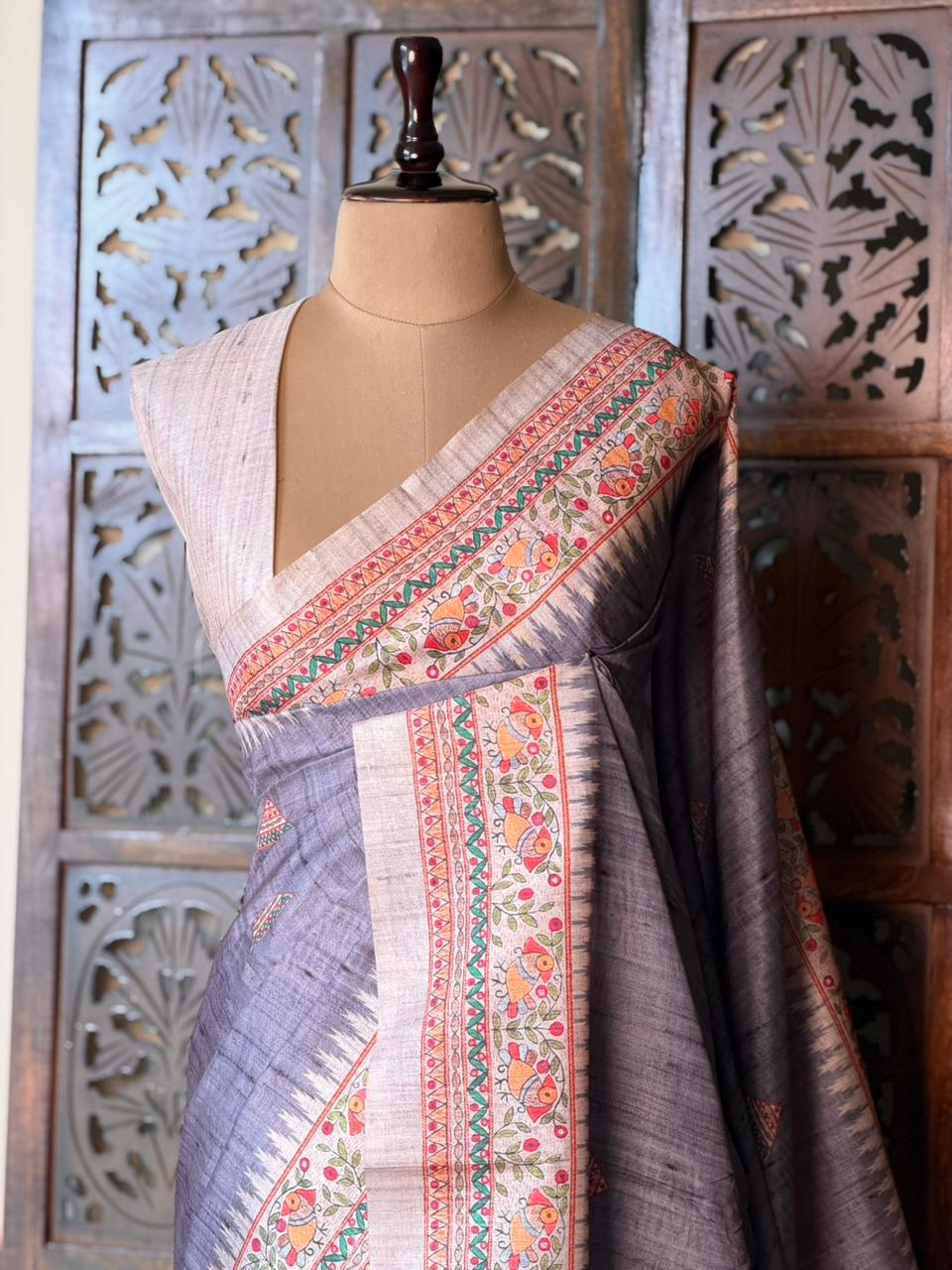 Dark grey semi tusser saree- PBR31B