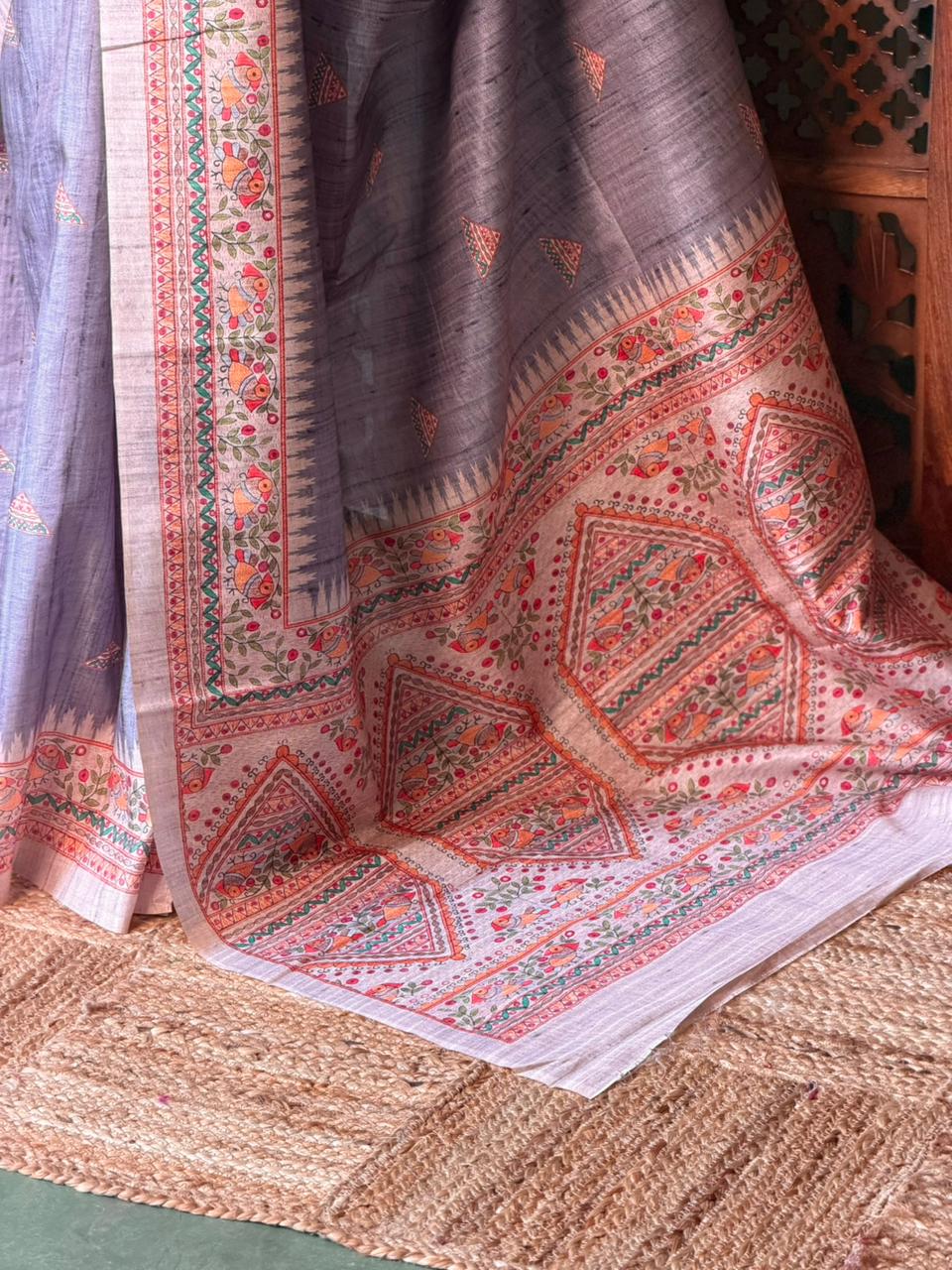 Dark grey semi tusser saree- PBR31B