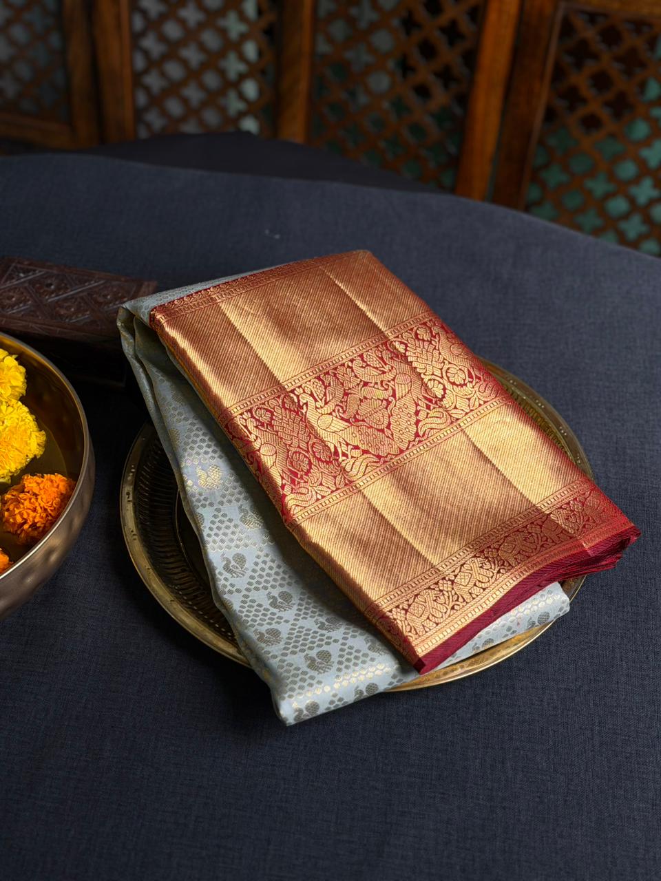 Pastal blue and maroon Pure Kanchipuram Silk saree - PPURE74