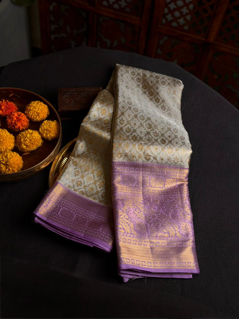 Silver gold and lavender pure tissue Kanchipuram Silk saree - PPURE85