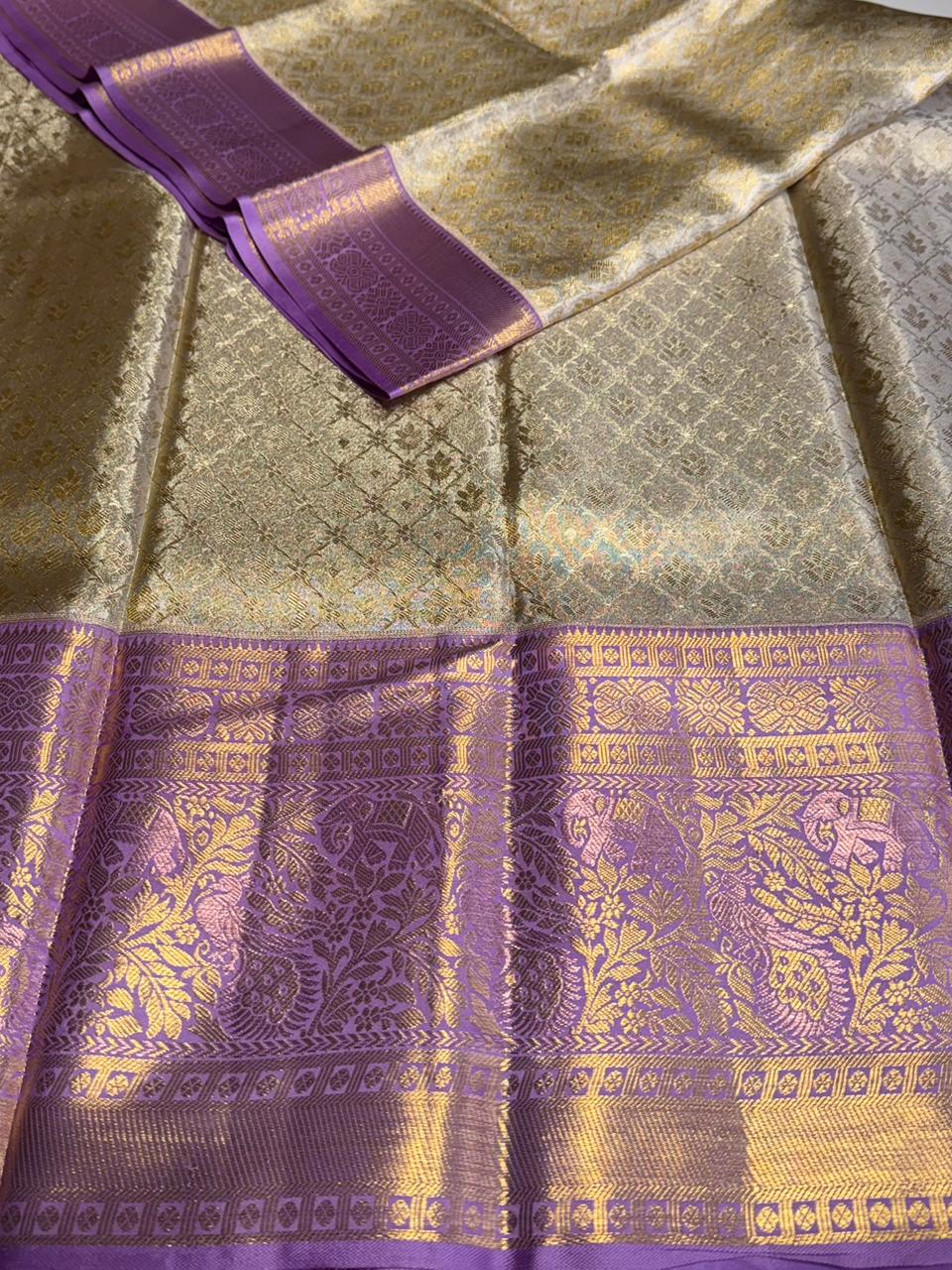Silver gold and lavender pure tissue Kanchipuram Silk saree - PPURE85