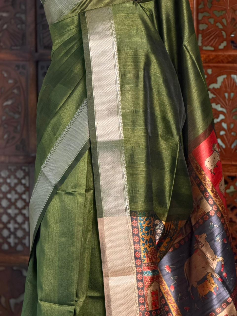 Olive Green semi tusser saree- PBR28E