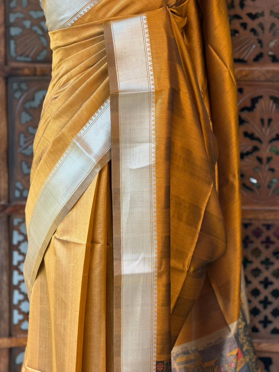 Mustard Yellow semi tusser saree- PBR28F