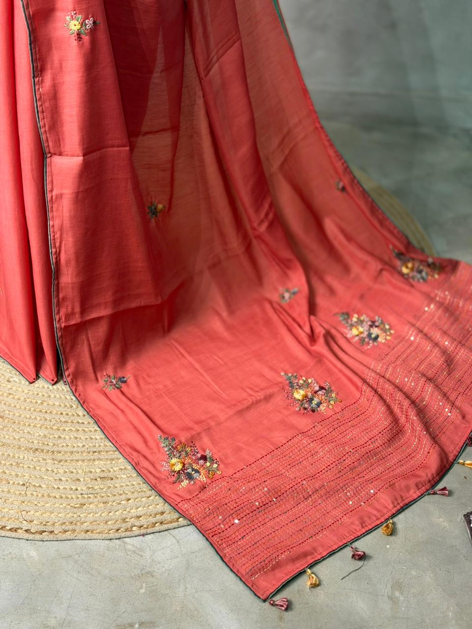 Tusser hand worked saree- PBR36A
