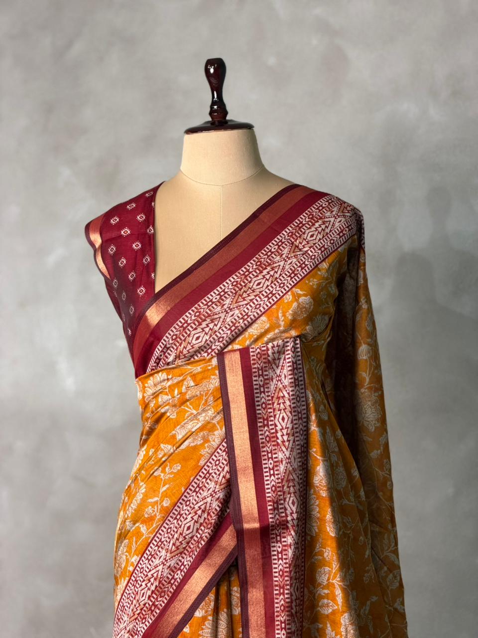 Mustard yellow Chanderi silk cotton saree- PBR36F