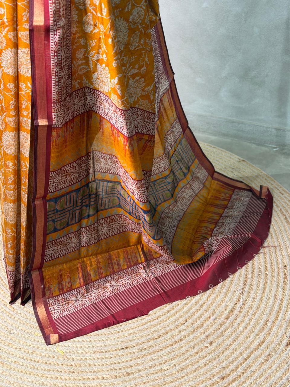 Mustard yellow Chanderi silk cotton saree- PBR36F
