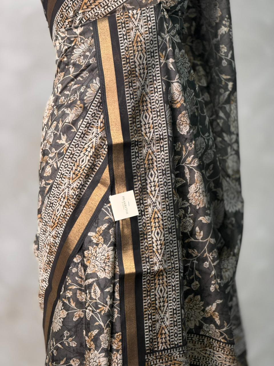 Black Chanderi silk cotton saree- PBR36G
