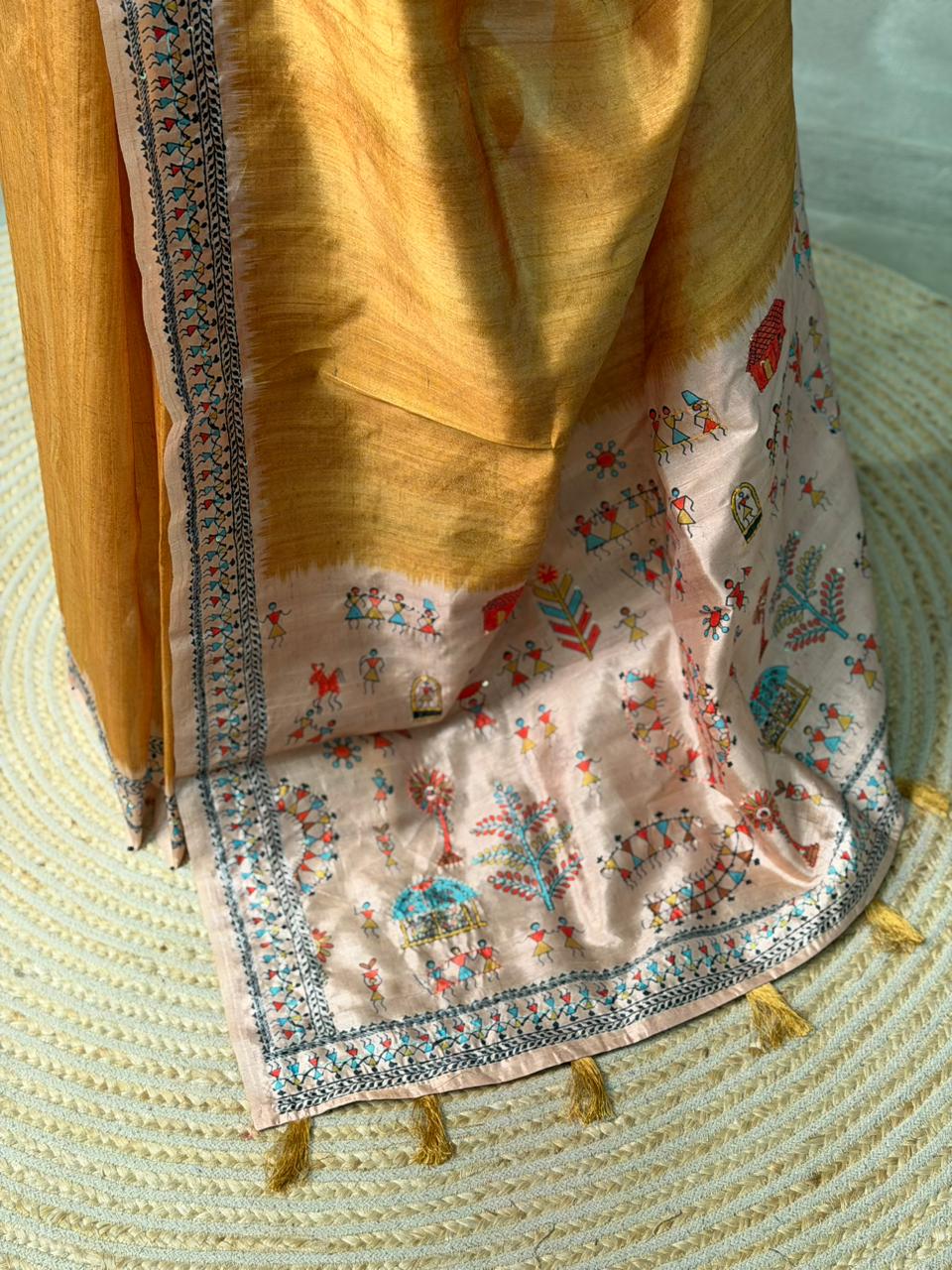 Mustard yellow Tusser Silk saree- PBR33T1