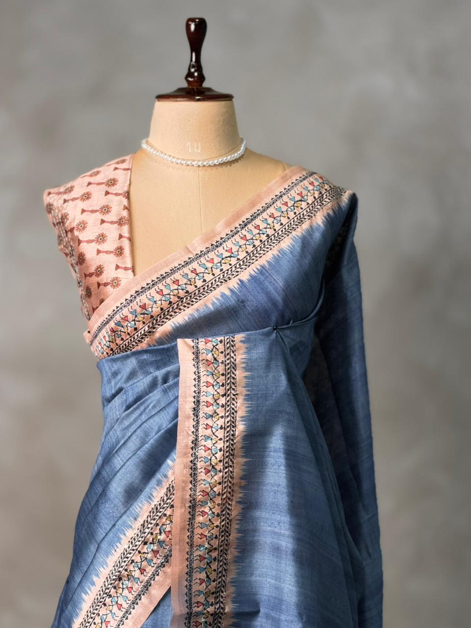 Blue Tusser Silk saree- PBR33T2