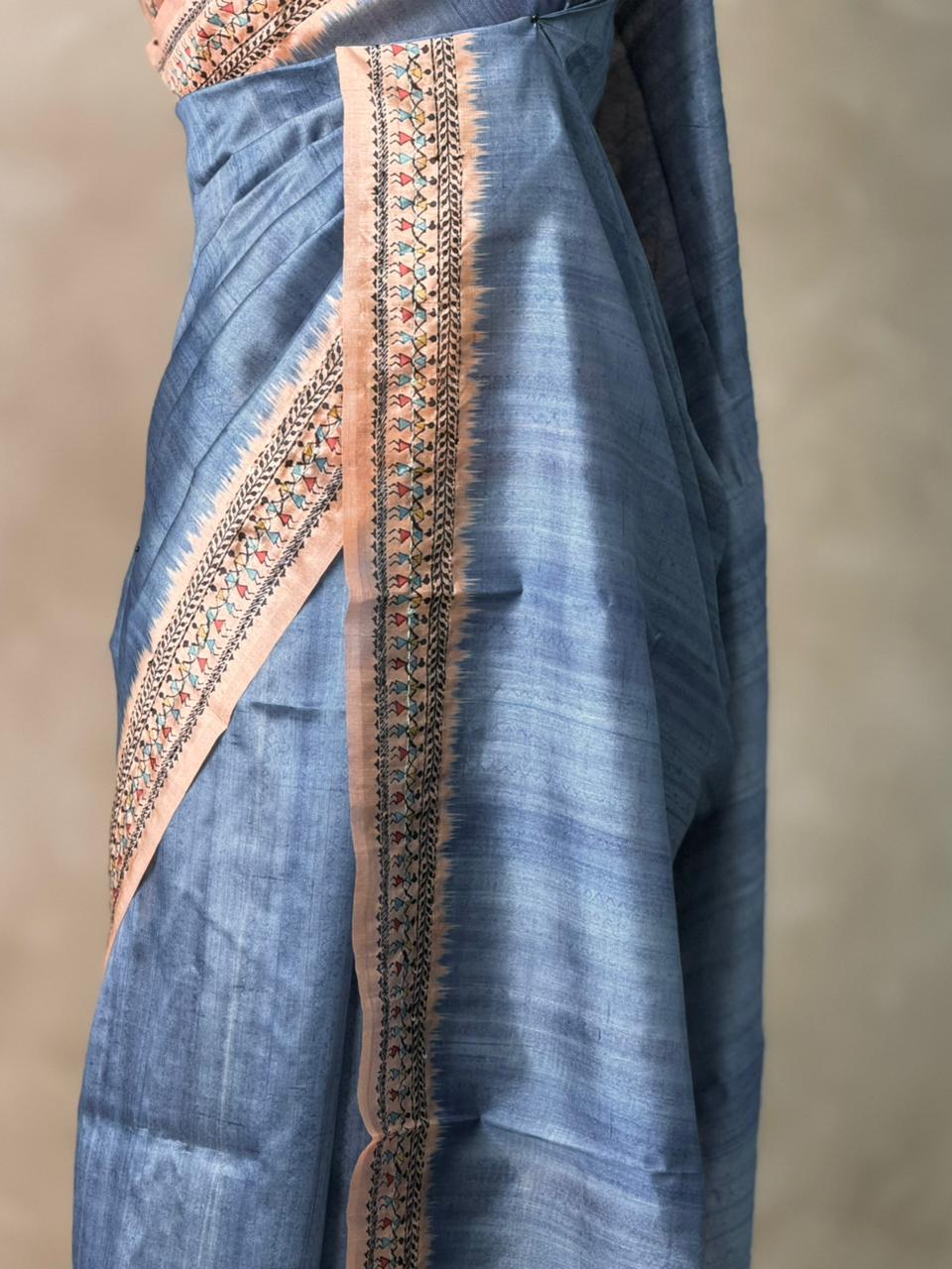 Blue Tusser Silk saree- PBR33T2