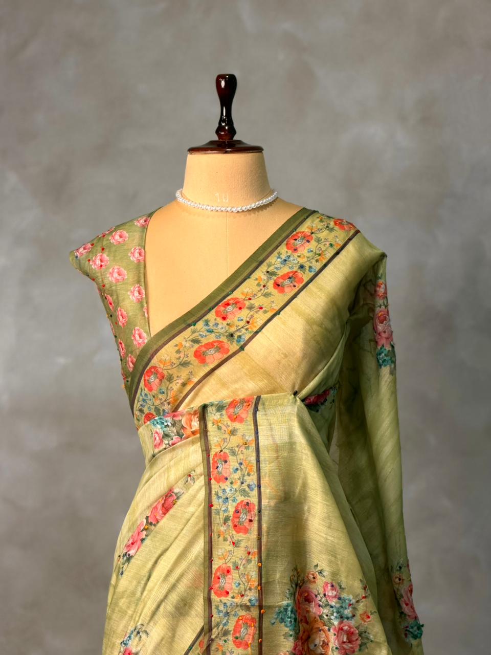 Pastal green mul chanderi saree- PBR26G1