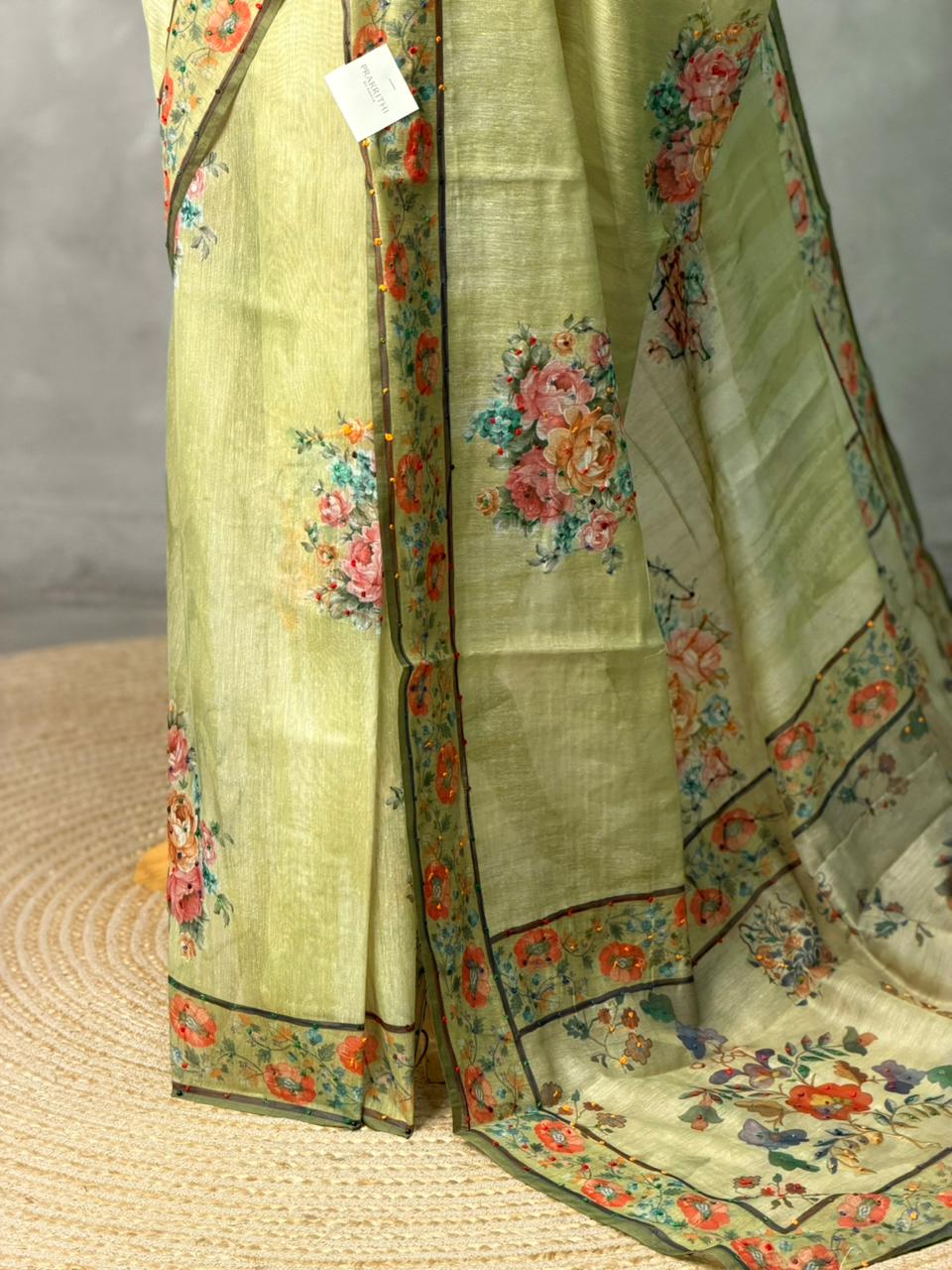 Pastal green mul chanderi saree- PBR26G1