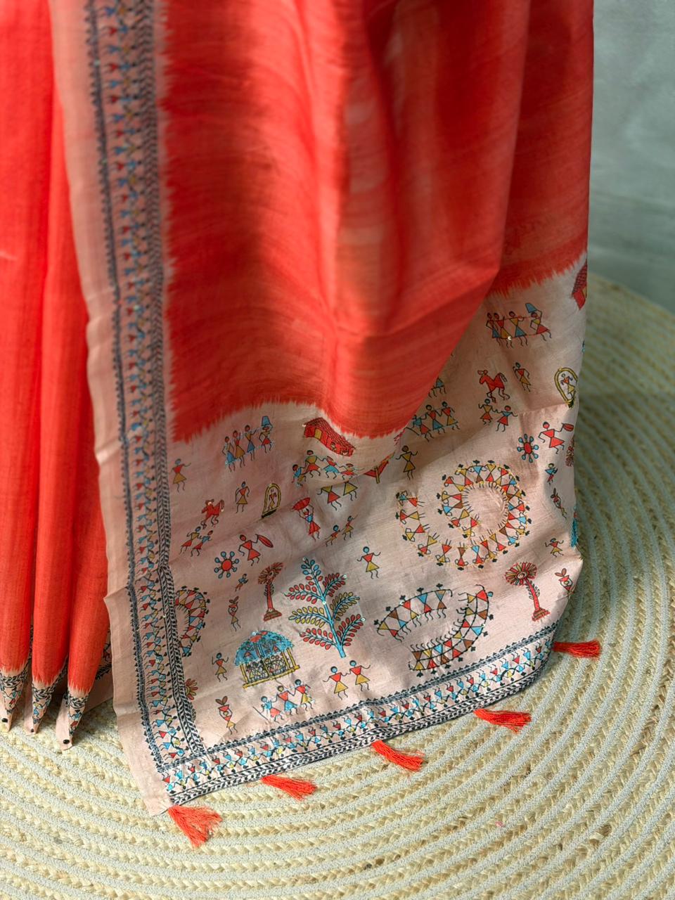 Orange Tusser Silk saree- PBR33T4