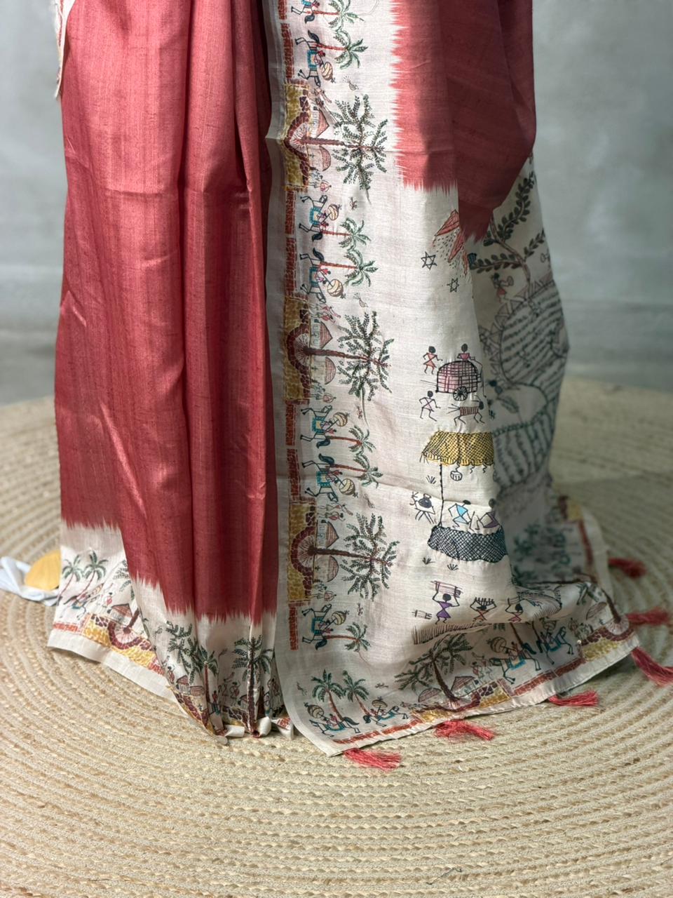 Brick shade Tusser Silk saree- PBR33T6