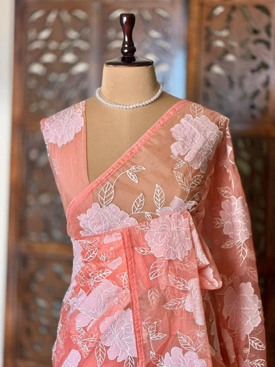 Peach Pure organza Silk saree- PBR37A