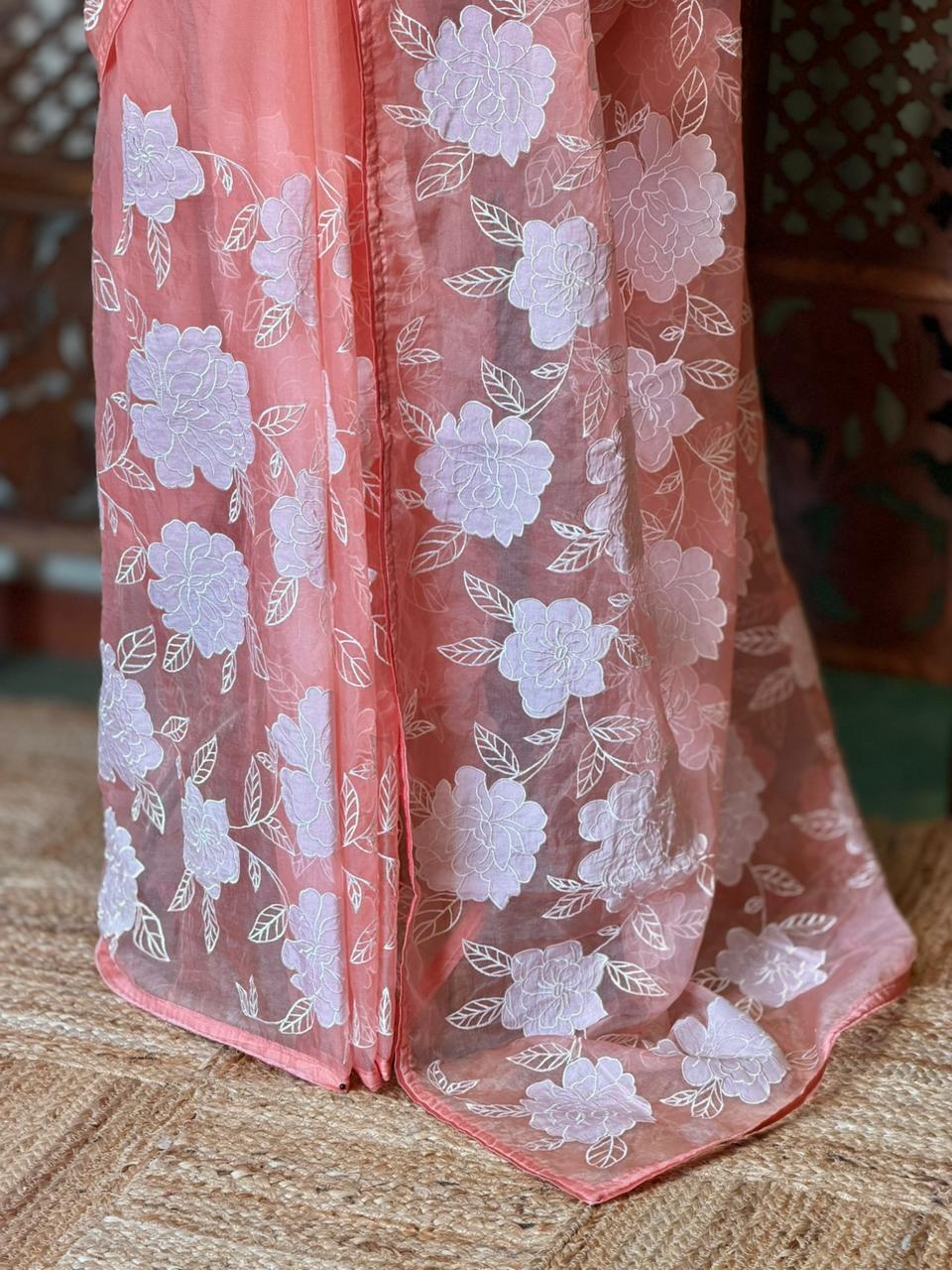 Peach Pure organza Silk saree- PBR37A
