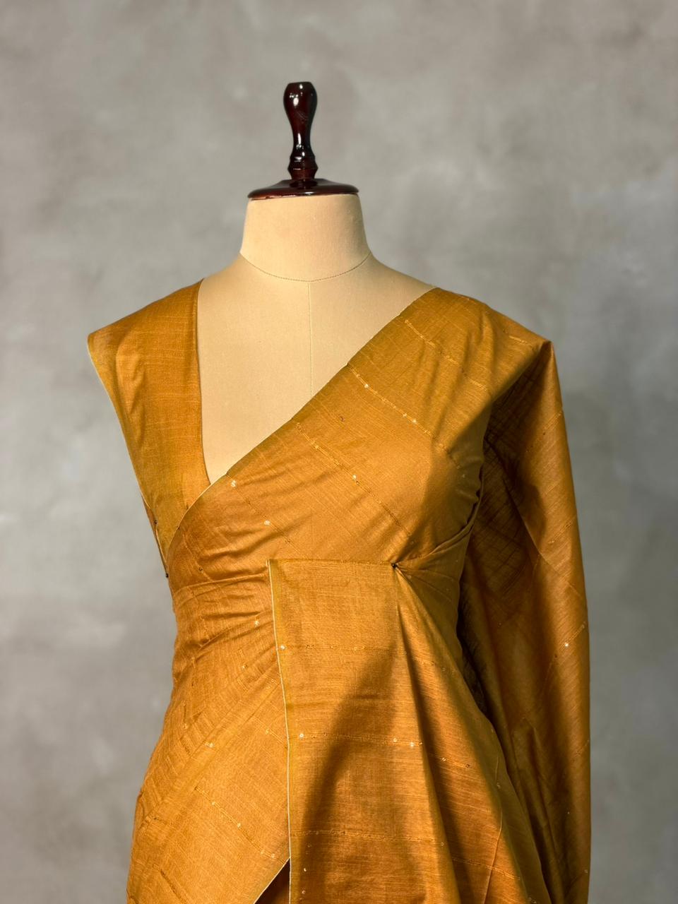 Mustard yellow Soft semi Tusser Silk saree- PBR33T18A