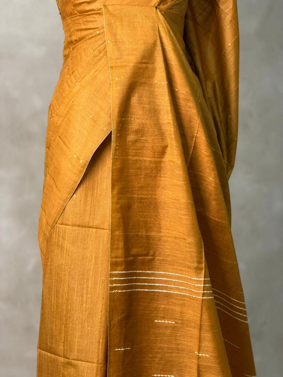 Mustard yellow Soft semi Tusser Silk saree- PBR33T18A