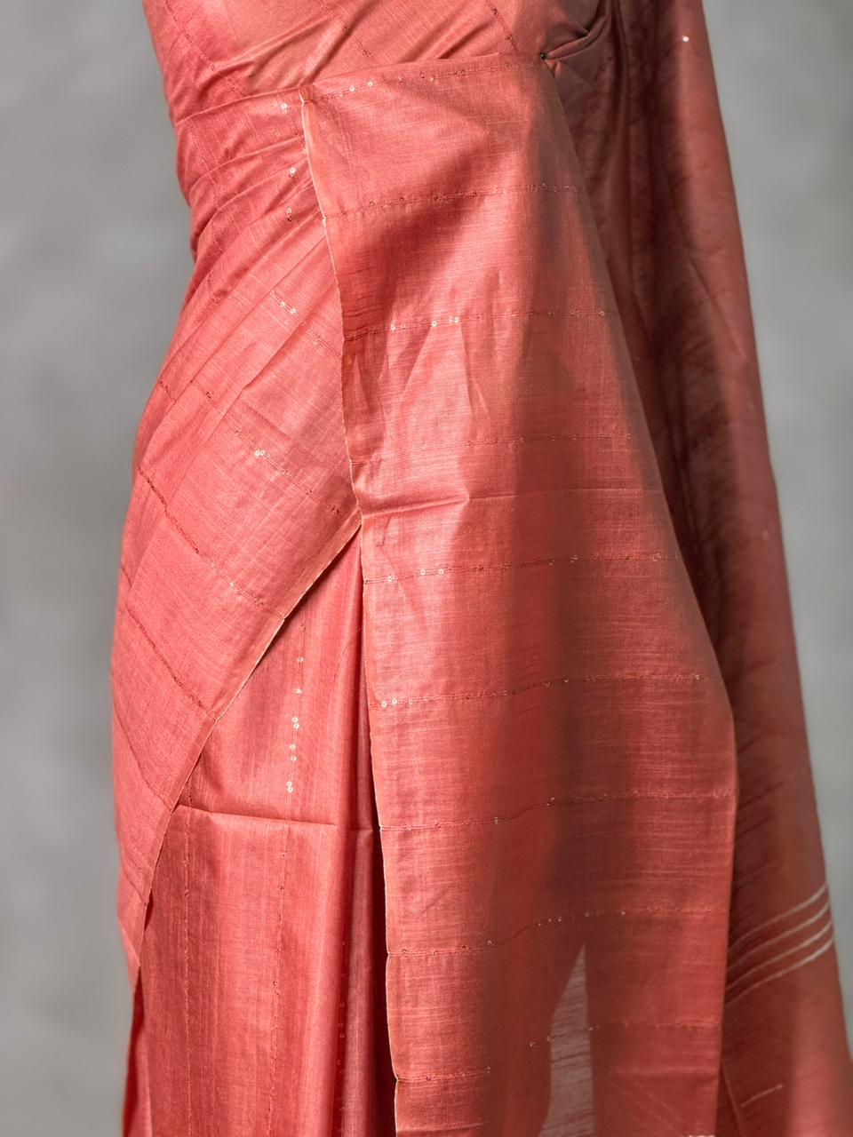 Dark Peach Soft semi Tusser Silk saree- PBR33T18D