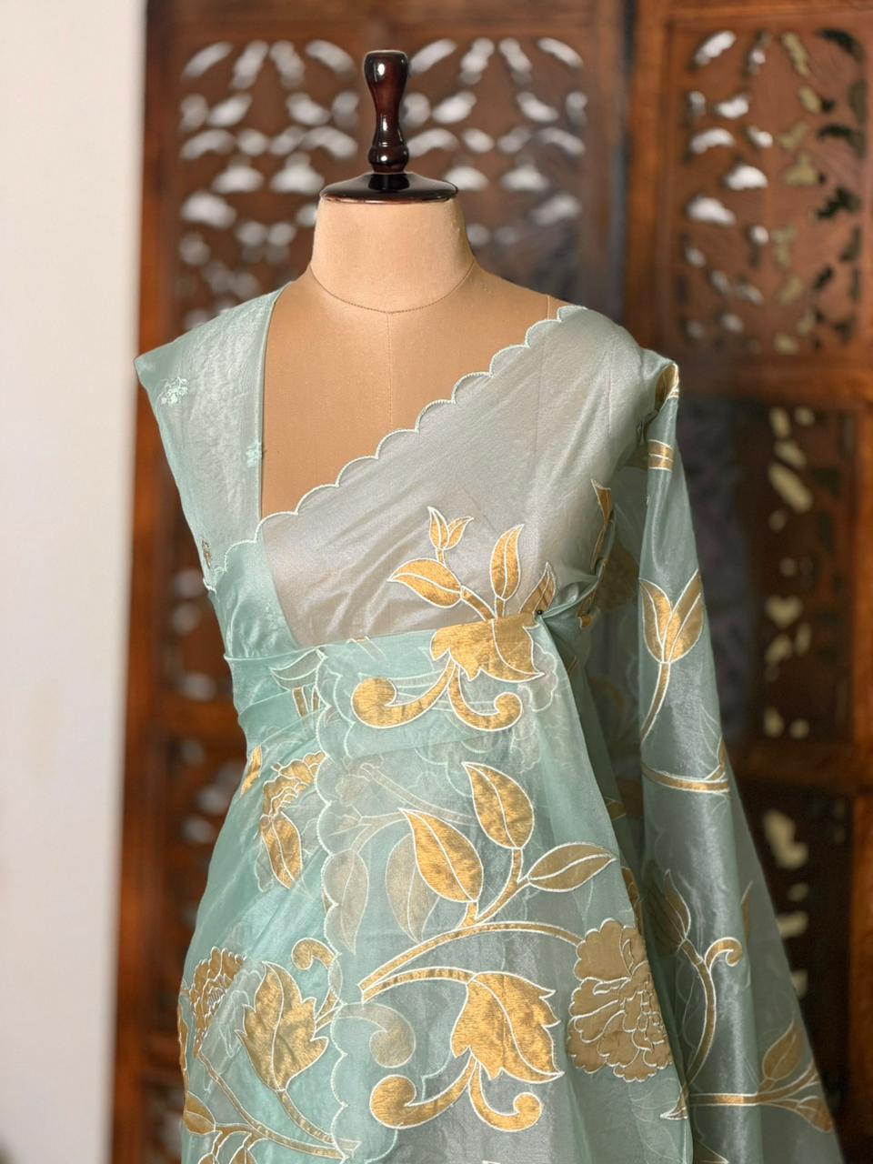 Pastal Green and goldorganza silk saree- PBR43F