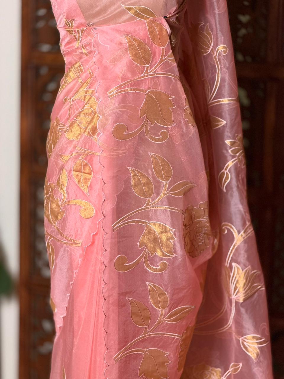 Peach and goldorganza silk saree- PBR43E