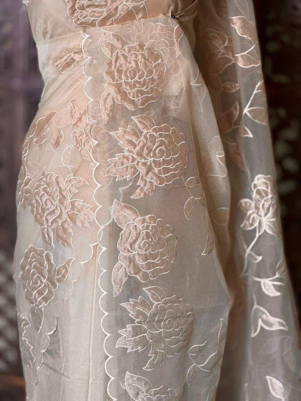 sandal and rosegoldorganza silk saree- PBR43D