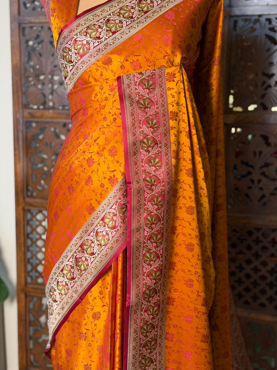 Dark Yellow pure Tanchui banarasi saree: PBR56B