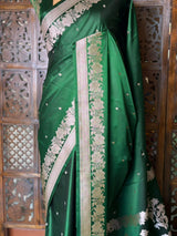 Dark green pure zatin Banarasi silk saree - RAZ2K