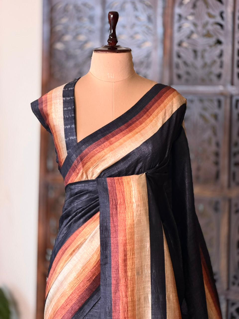 Black tusser silk saree- PBR44C