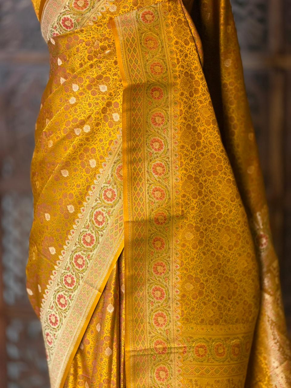 Dark yellow pure Jamwar Tanchui banarasi saree: PBR56D3