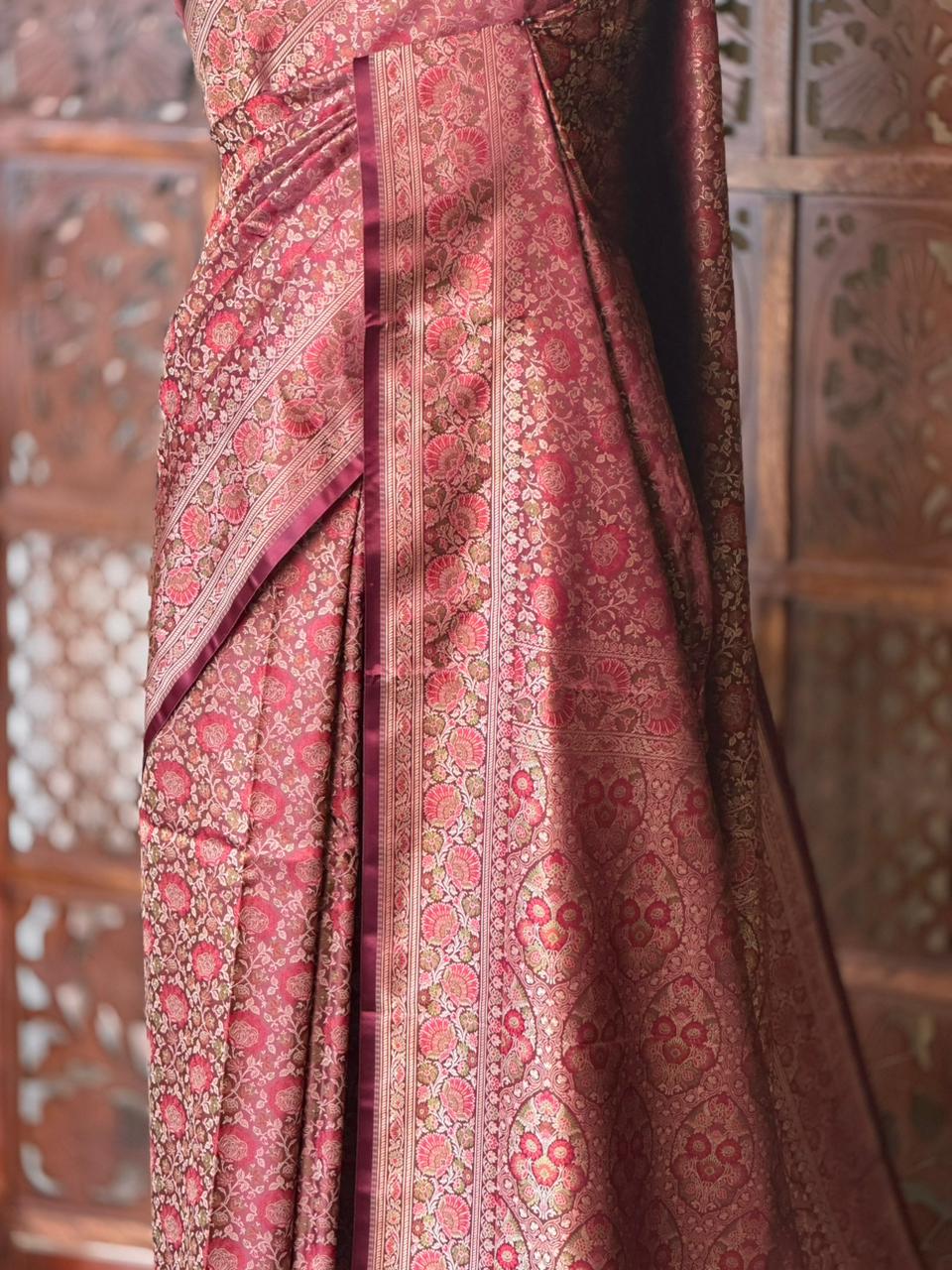 Deep maroon pure Jamwar Tanchui banarasi saree: PBR56E2