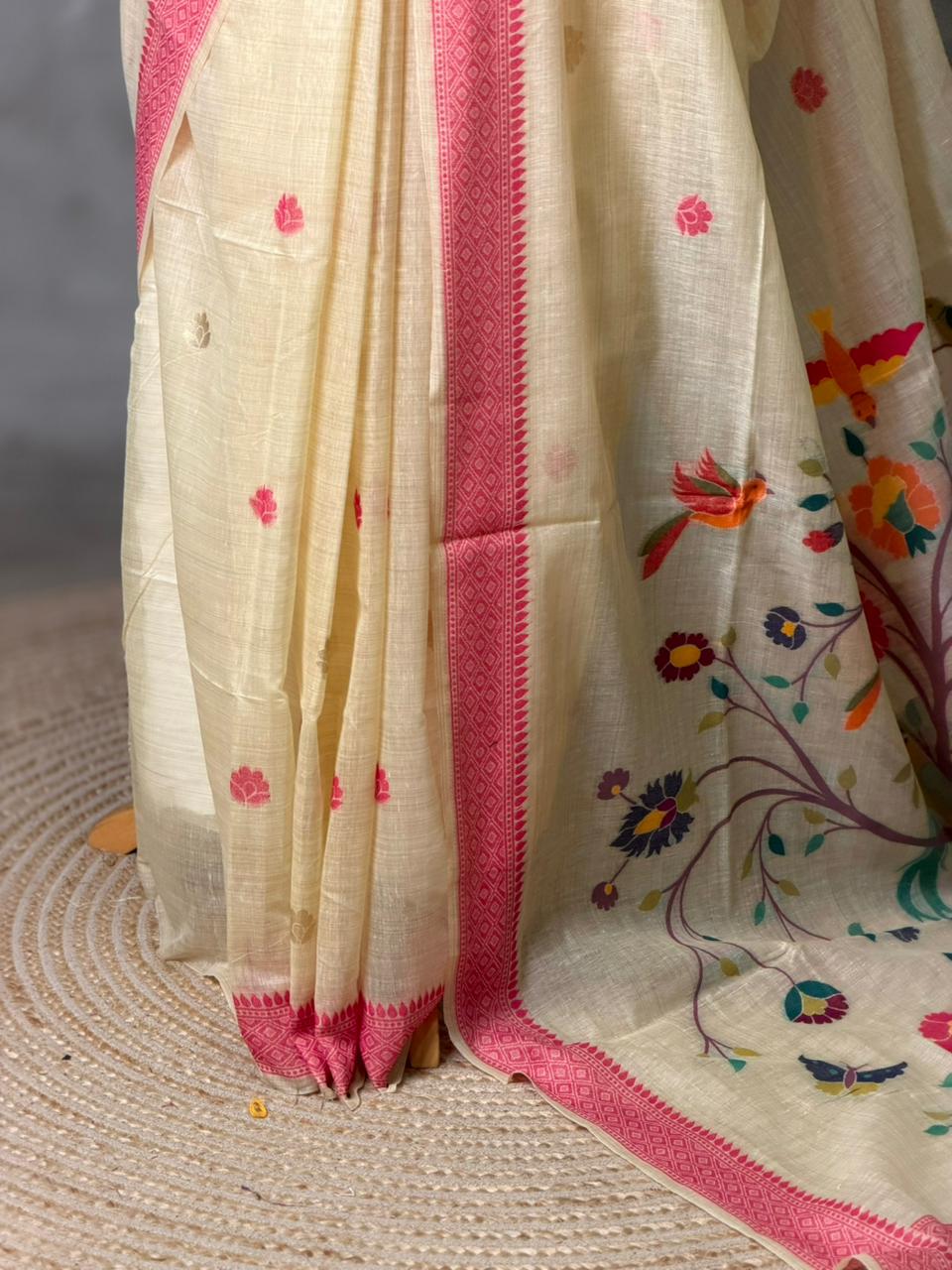 Sandal jamdani cotton silk saree- PBR47D