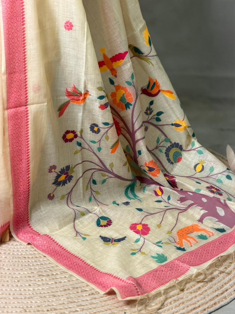 Sandal jamdani cotton silk saree- PBR47D