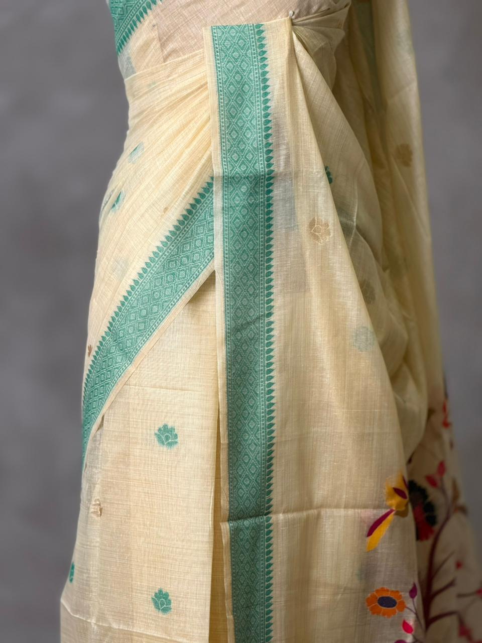Sandal jamdani cotton silk saree- PBR47E