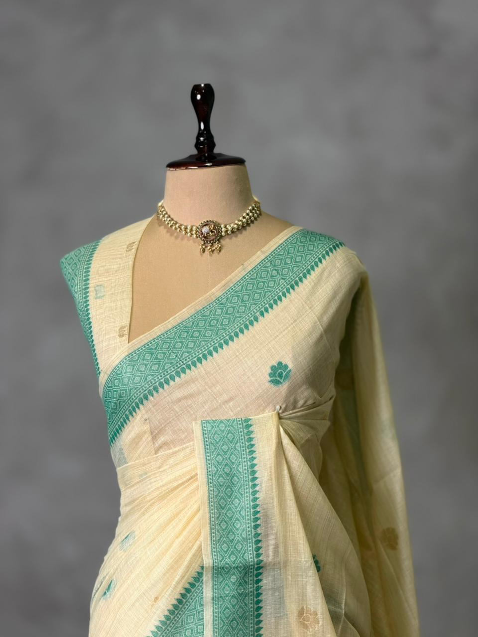 Sandal jamdani cotton silk saree- PBR47E