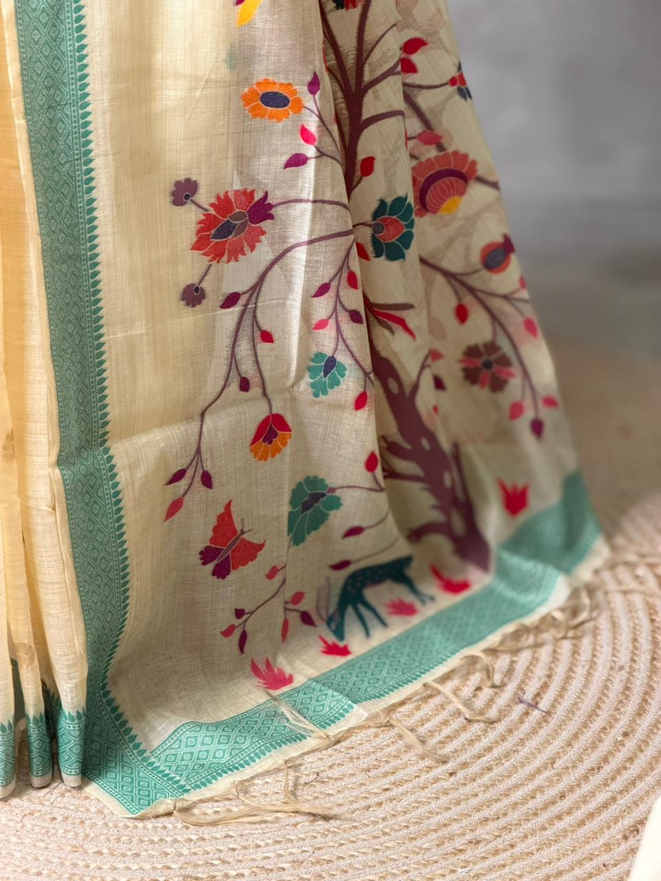 Sandal jamdani cotton silk saree- PBR47E