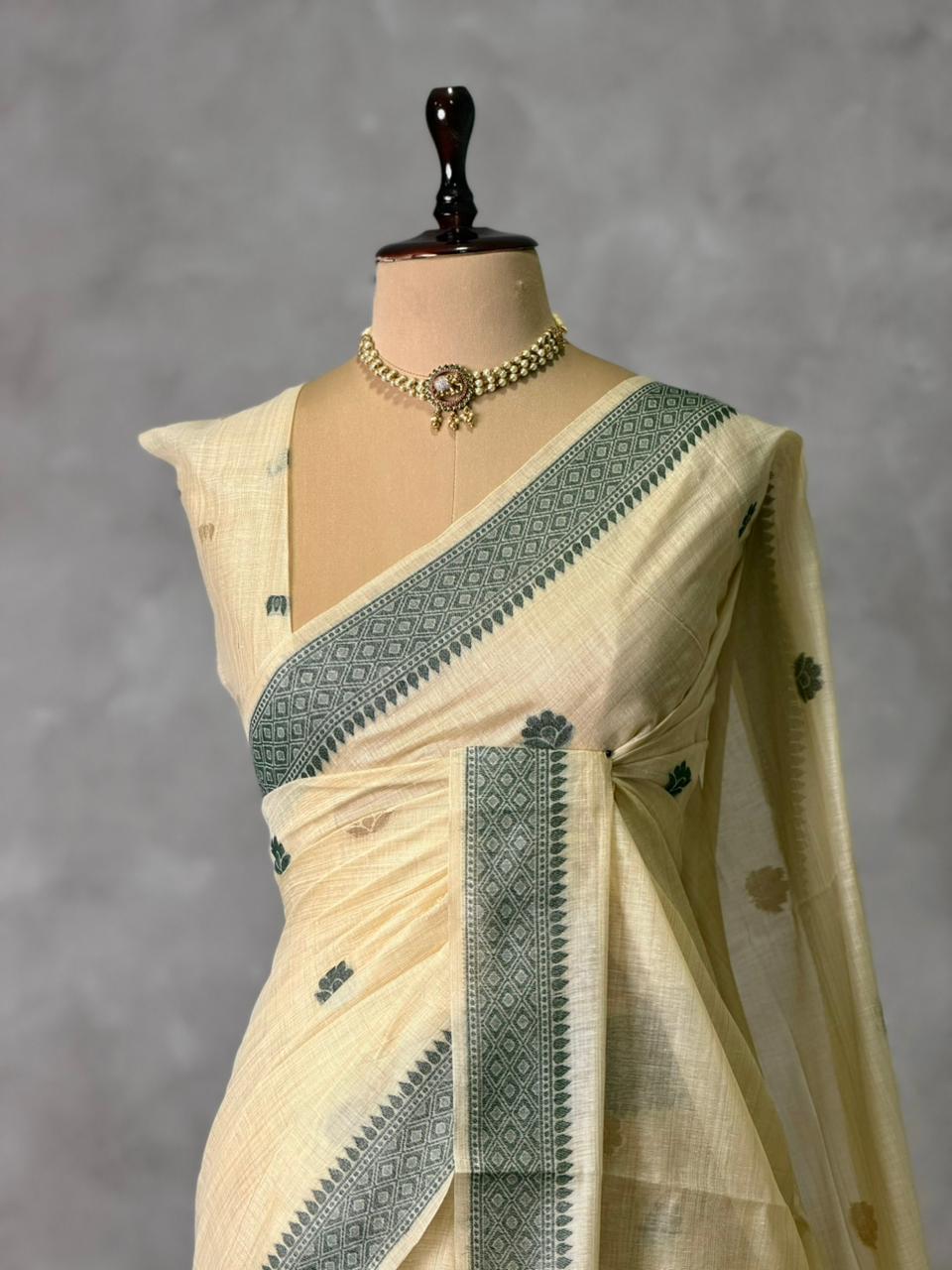 Sandal jamdani cotton silk saree- PBR47F