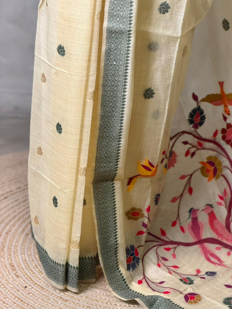 Sandal jamdani cotton silk saree- PBR47F