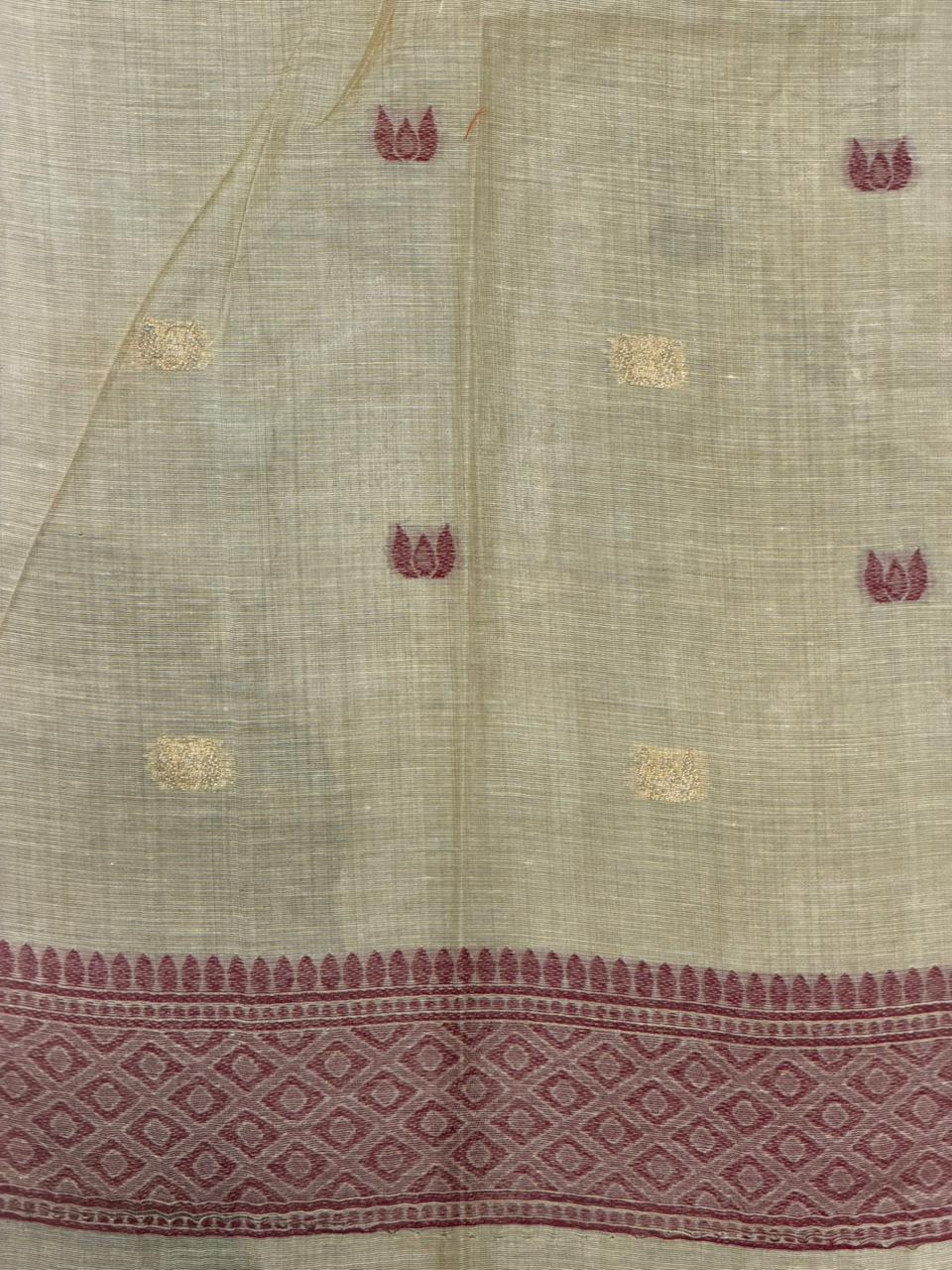 Sandal jamdani cotton silk saree- PBR47G