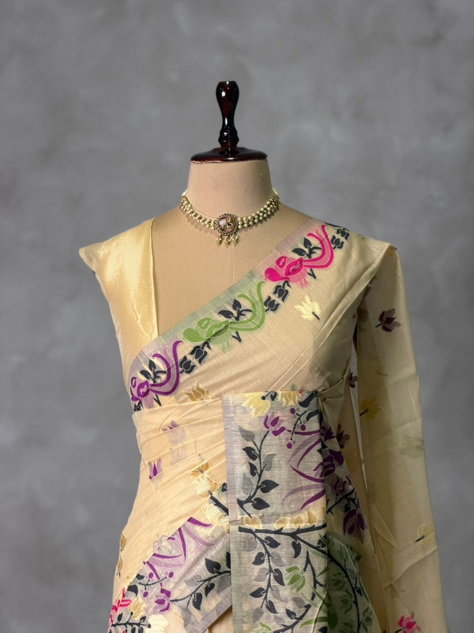 Sandal jamdani cotton silk saree- PBR47