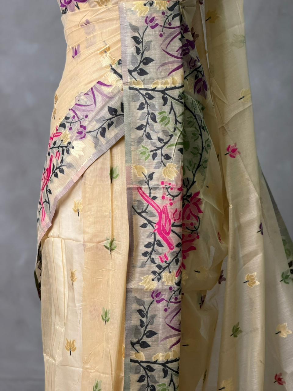 Sandal jamdani cotton silk saree- PBR47
