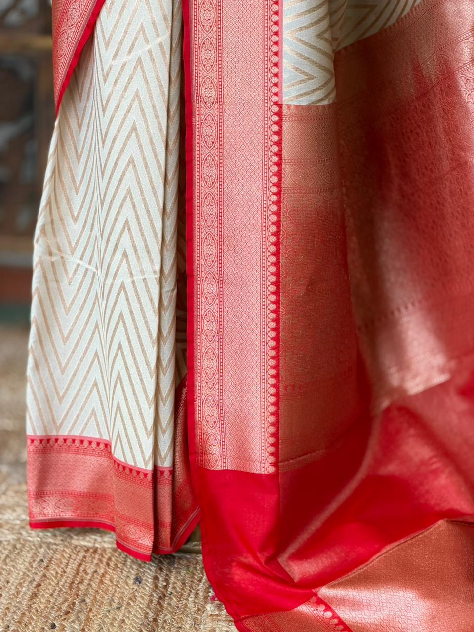 Sandal and Red khadial tissue Banarasi silk saree - RAZ5