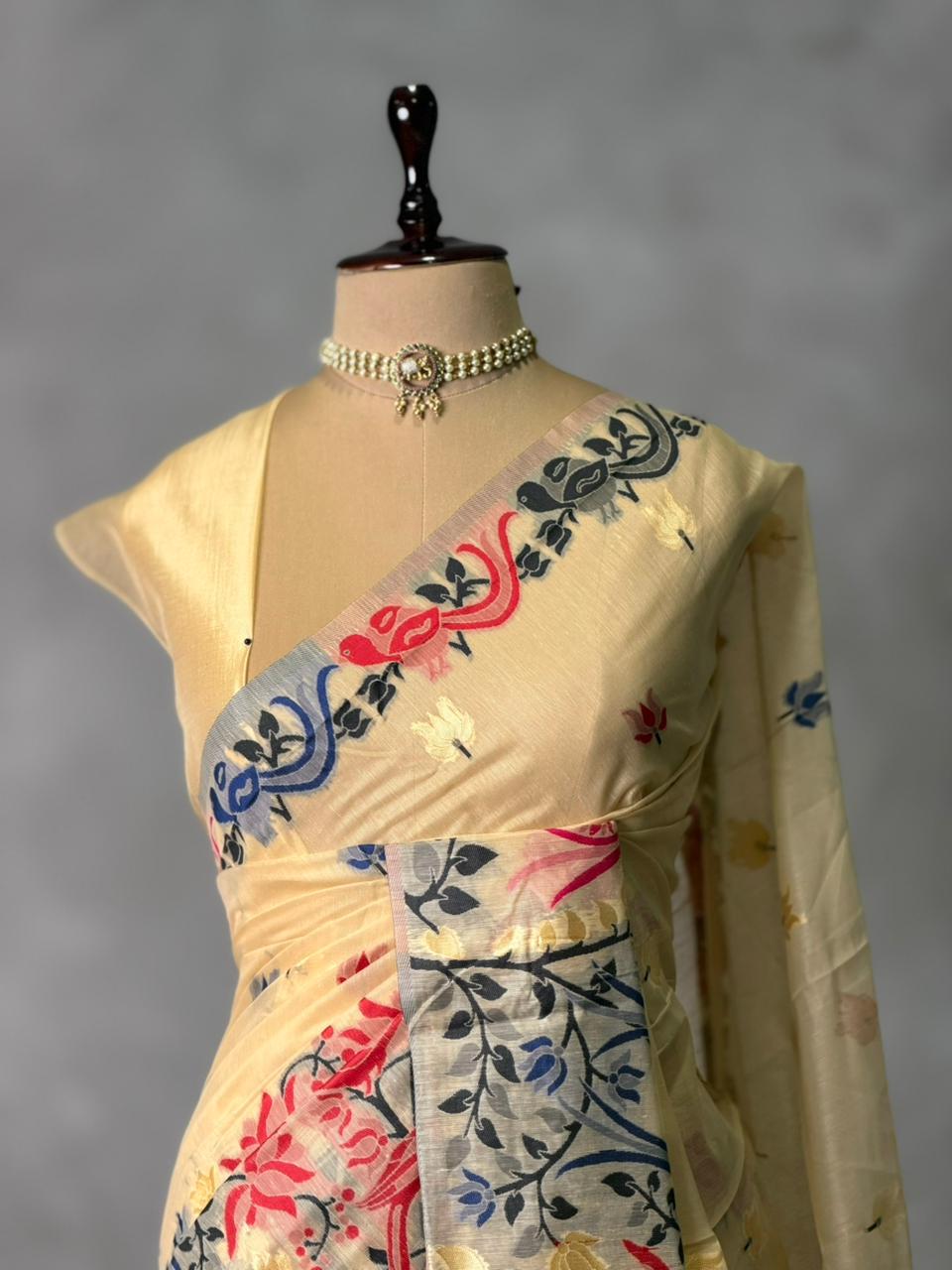 Sandal jamdani cotton silk saree- PBR47A