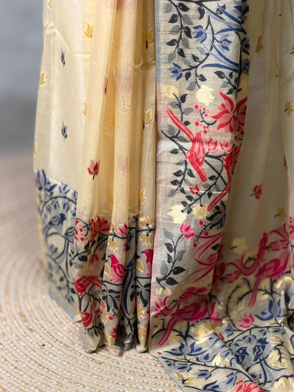 Sandal jamdani cotton silk saree- PBR47A
