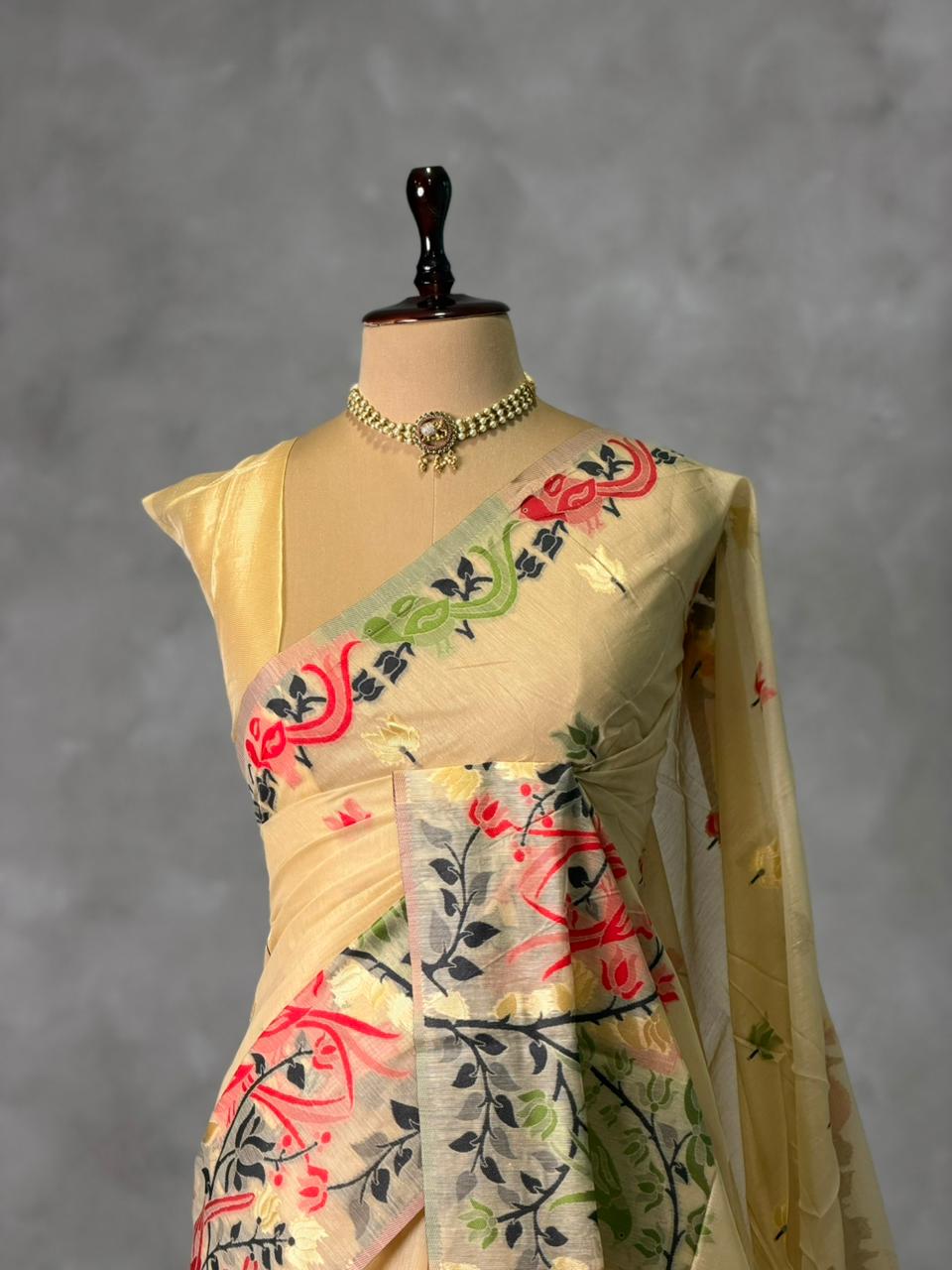 Sandal jamdani cotton silk saree- PBR47B