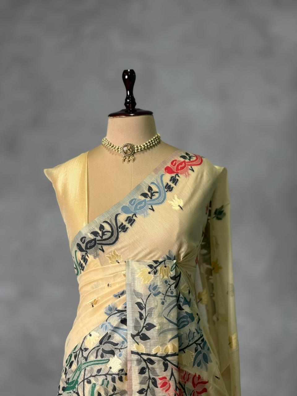 Sandal jamdani cotton silk saree- PBR47C