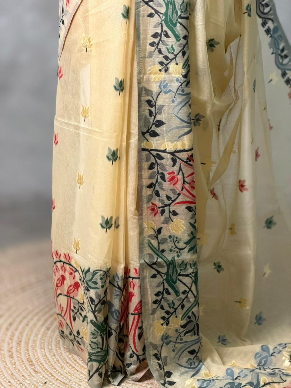 Sandal jamdani cotton silk saree- PBR47C