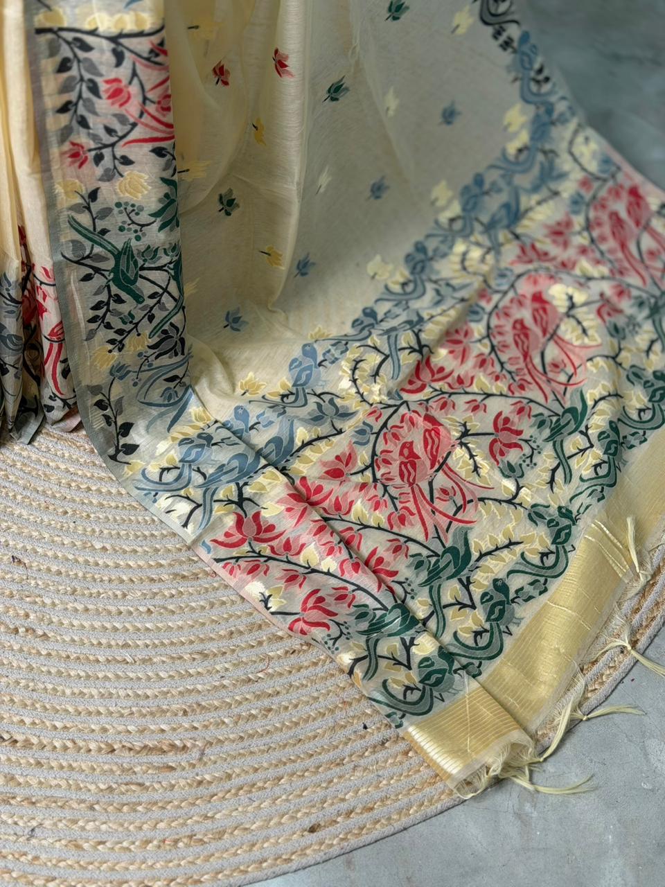 Sandal jamdani cotton silk saree- PBR47C